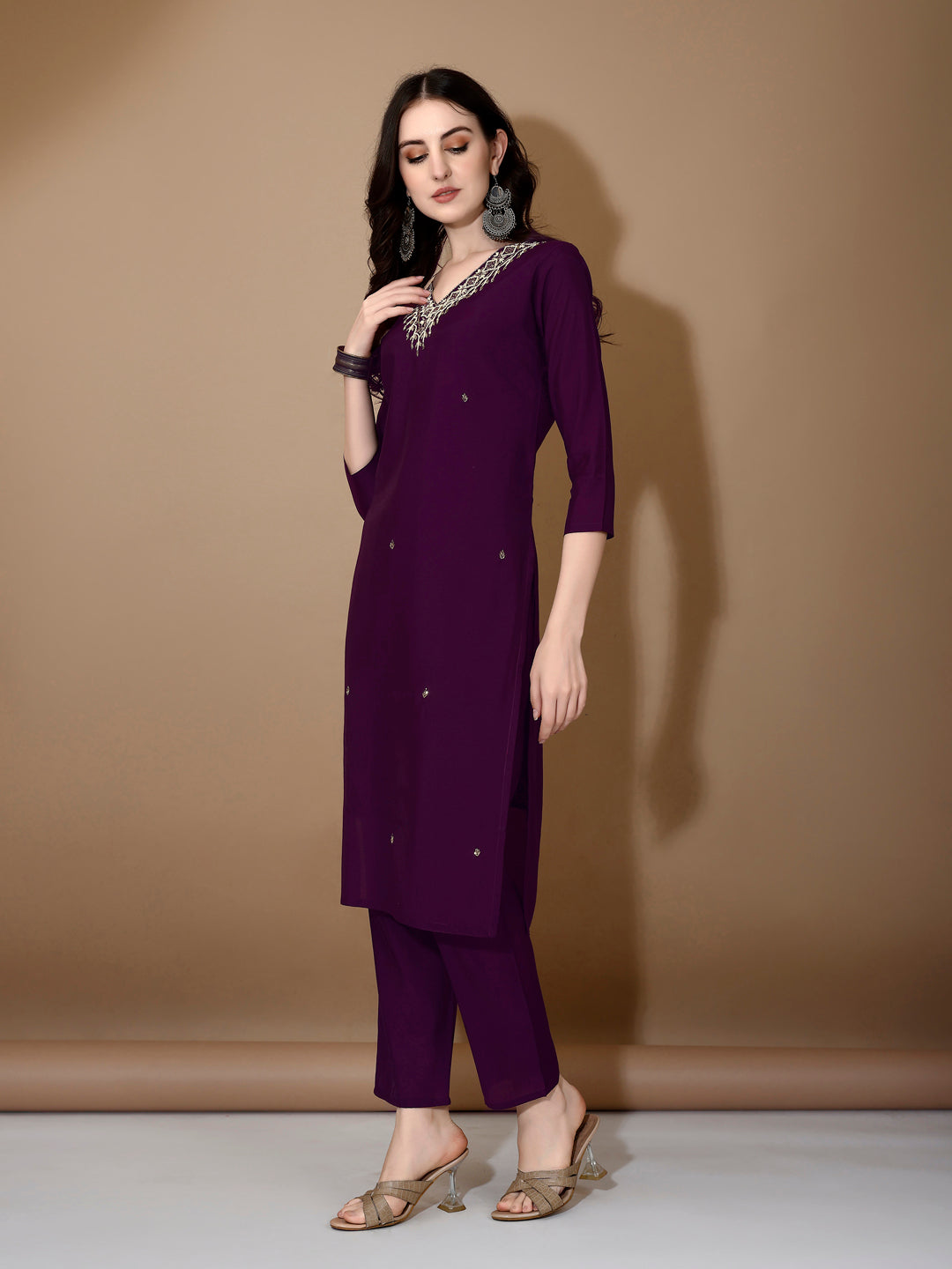 Hand Embroidered Chanderi Kurta Set with Dupatta - Purple