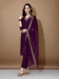 Purple Chanderi kurta set with intricate hand embroidery and matching dupatta.