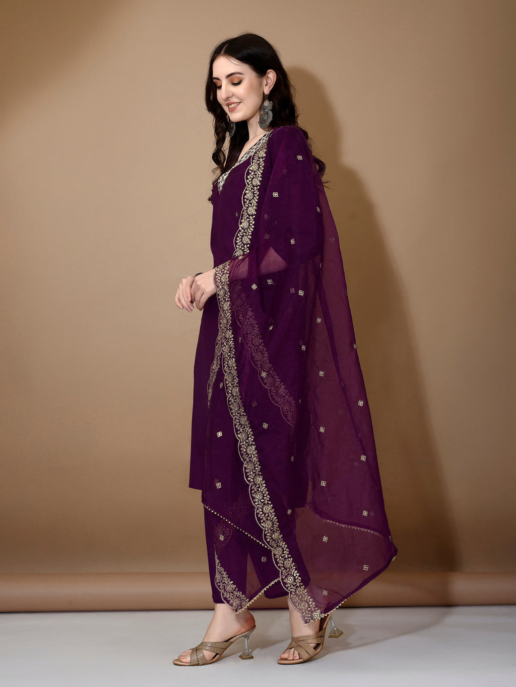 Hand Embroidered Chanderi Kurta Set with Dupatta - Purple