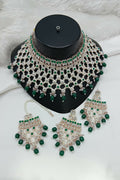 Exquisite green stone and pearl statement necklace set with matching earrings and tikka