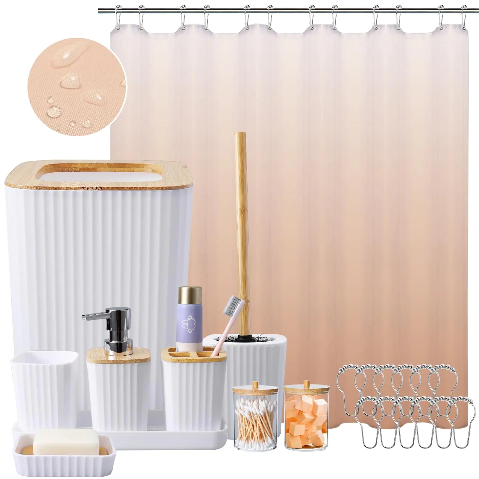 XLHOMO White Bathroom Set with Shower Curtain Beige Ombre Waterproof Shower Curtain with Stainless Steel Hooks White Bathroom Accessories Set Complete with Shower Curtain Set for Home Decor