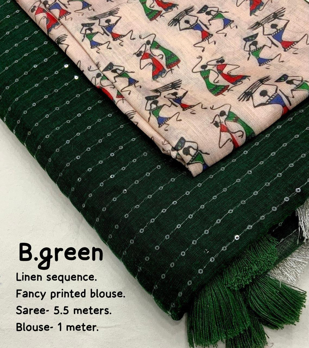 Green Linen Sequence Saree with Unstitched Blouse - Hiral Fashion