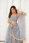 Light gray butterfly net lehenga choli with mirror and sequence embroidery