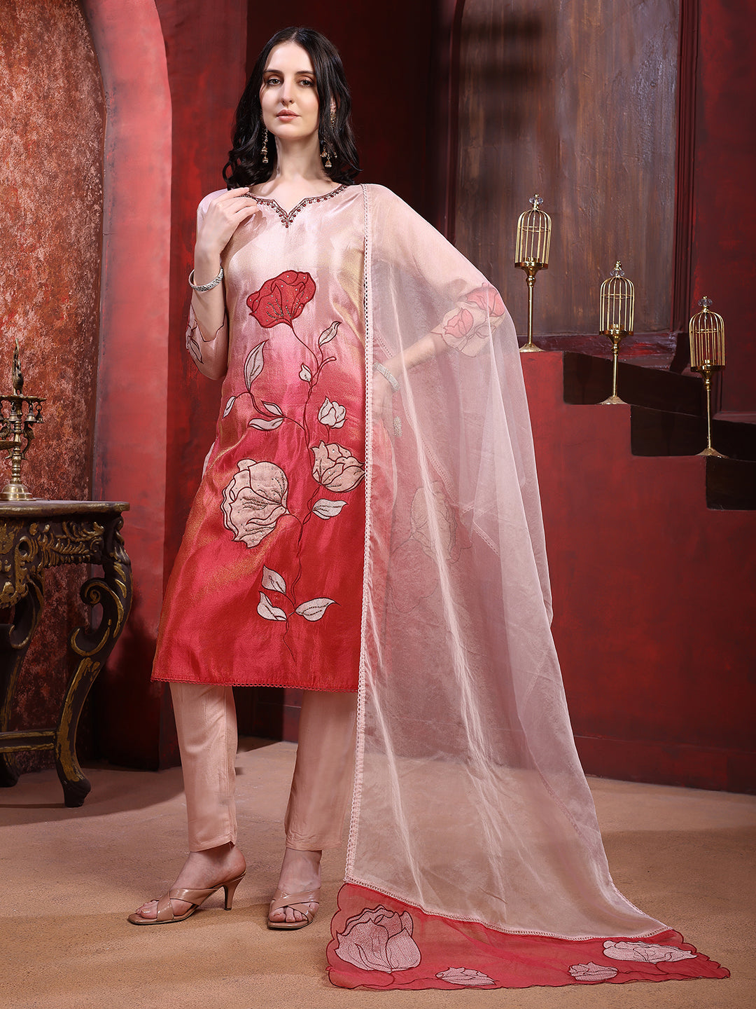 Pink Silk Floral Embroidered Kurta Set with Dupatta