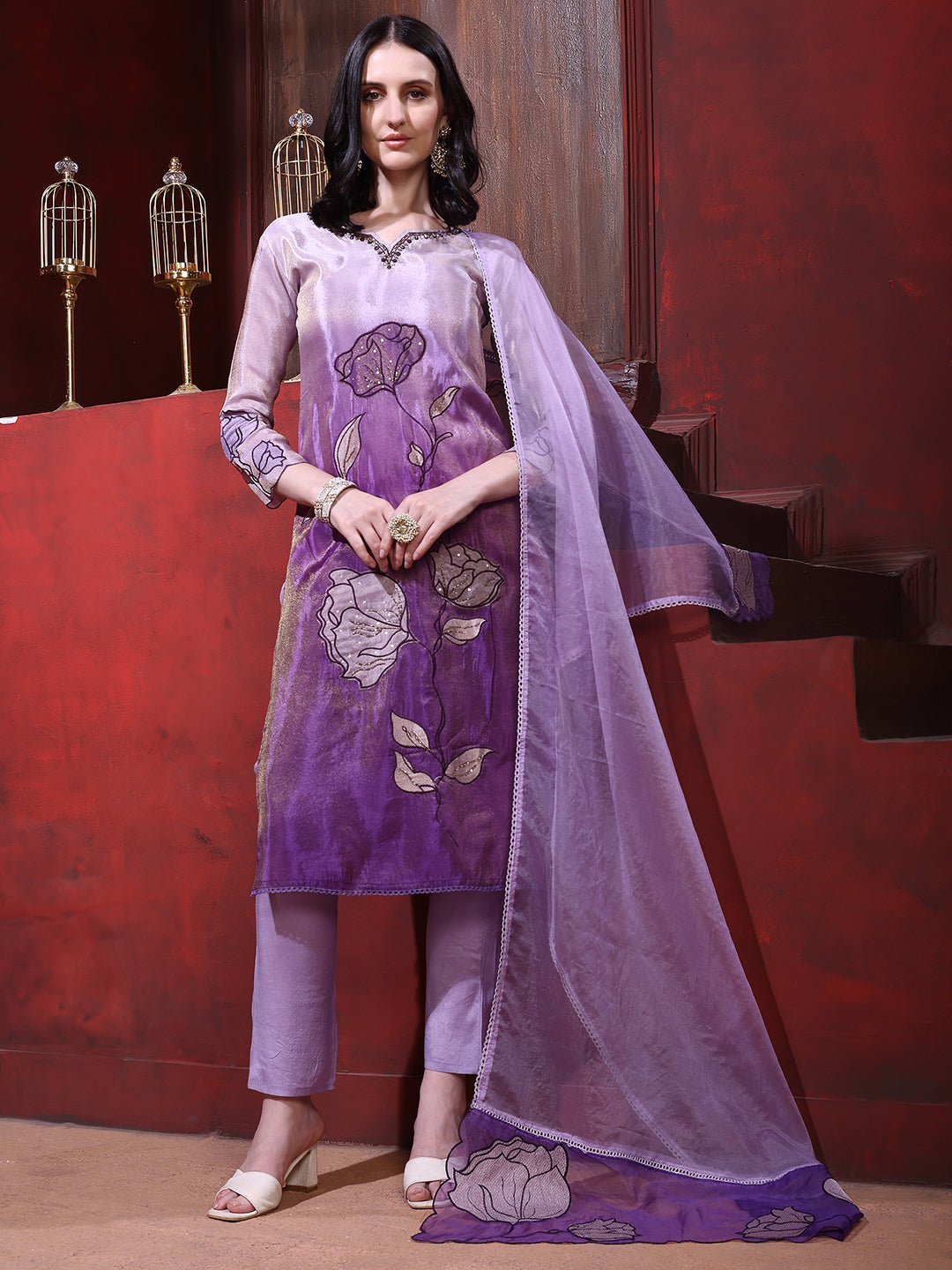 Purple Floral Embroidered Silk Kurta with Pant & Dupatta