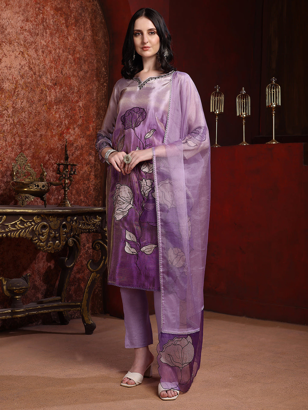 Purple Floral Embroidered Silk Kurta with Pant & Dupatta