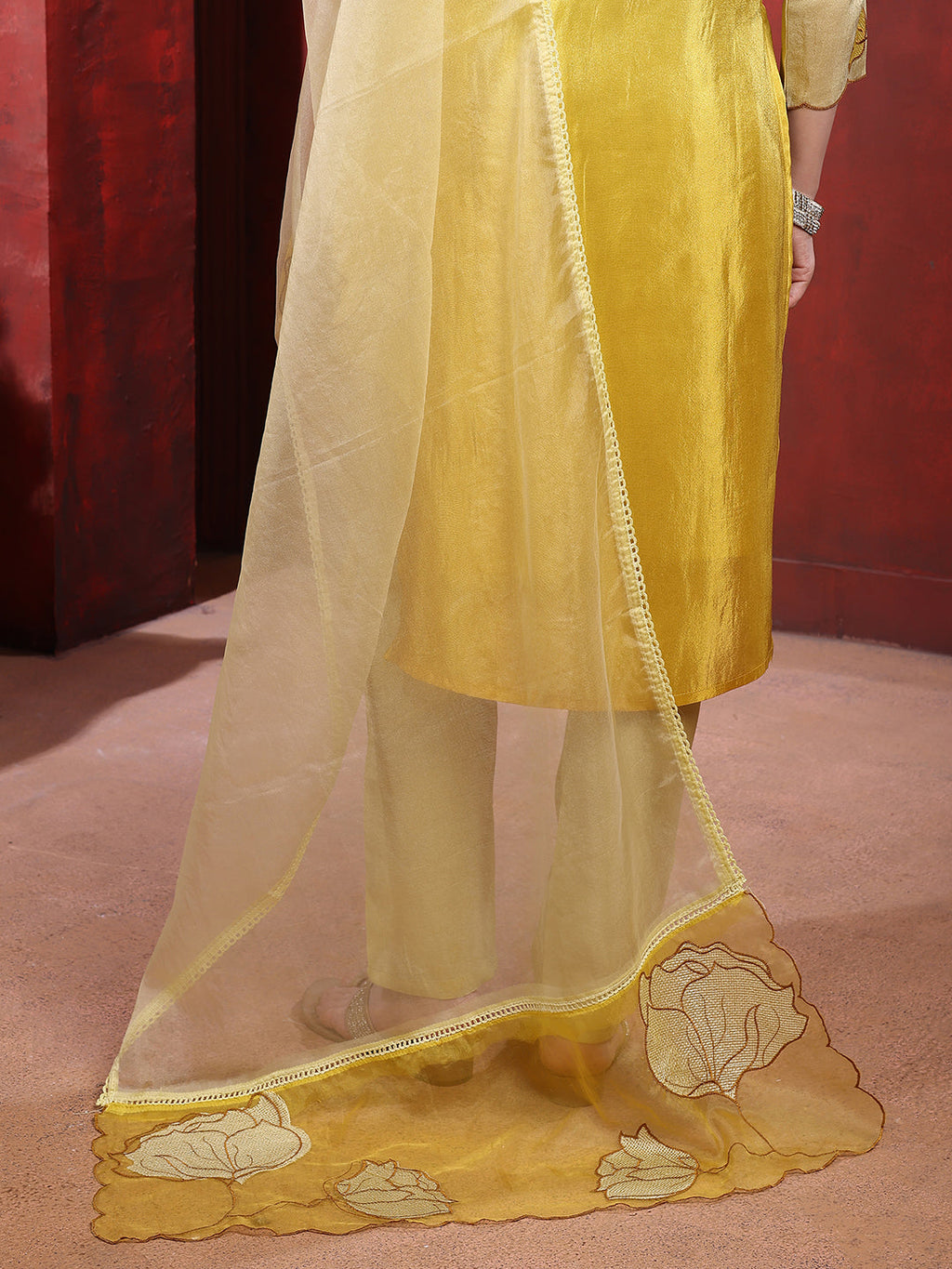Hand Embroidered Floral Anarkali Kurta Set with Pant in Yellow