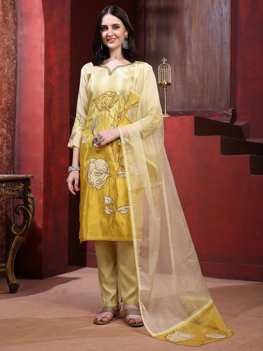 Yellow silk hand-embroidered kurta set with matching pants and embroidered dupatta