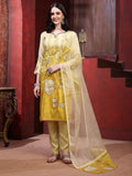 Yellow silk hand-embroidered kurta set with matching pants and embroidered dupatta