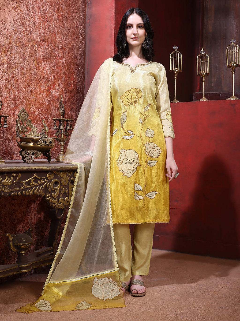 Hand Embroidered Floral Anarkali Kurta Set with Pant in Yellow