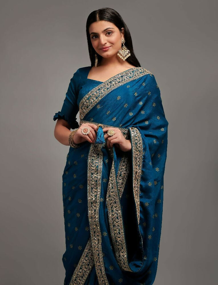 PR Fashion Petrol Chinon Embroidery Lace Saree