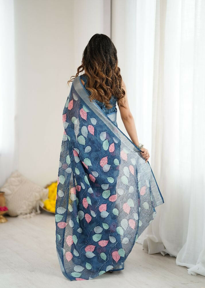 Dark Blue Linen Patta Printed Saree with Coordinating Blouse