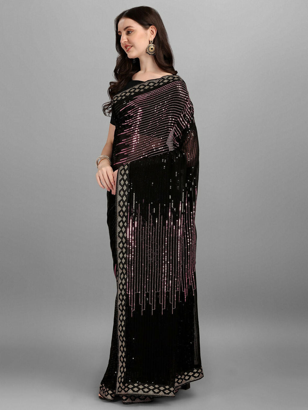Vegaa Fashion Black Georgette Embroidered Party Wear Saree