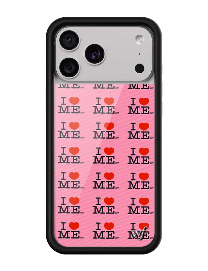 A pink iPhone case with a repeating I Heart Me print and a black protective frame.