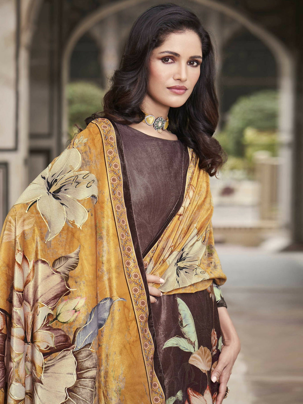 Women's Brown Velvet Floral Digital Print Straight Kurta Set