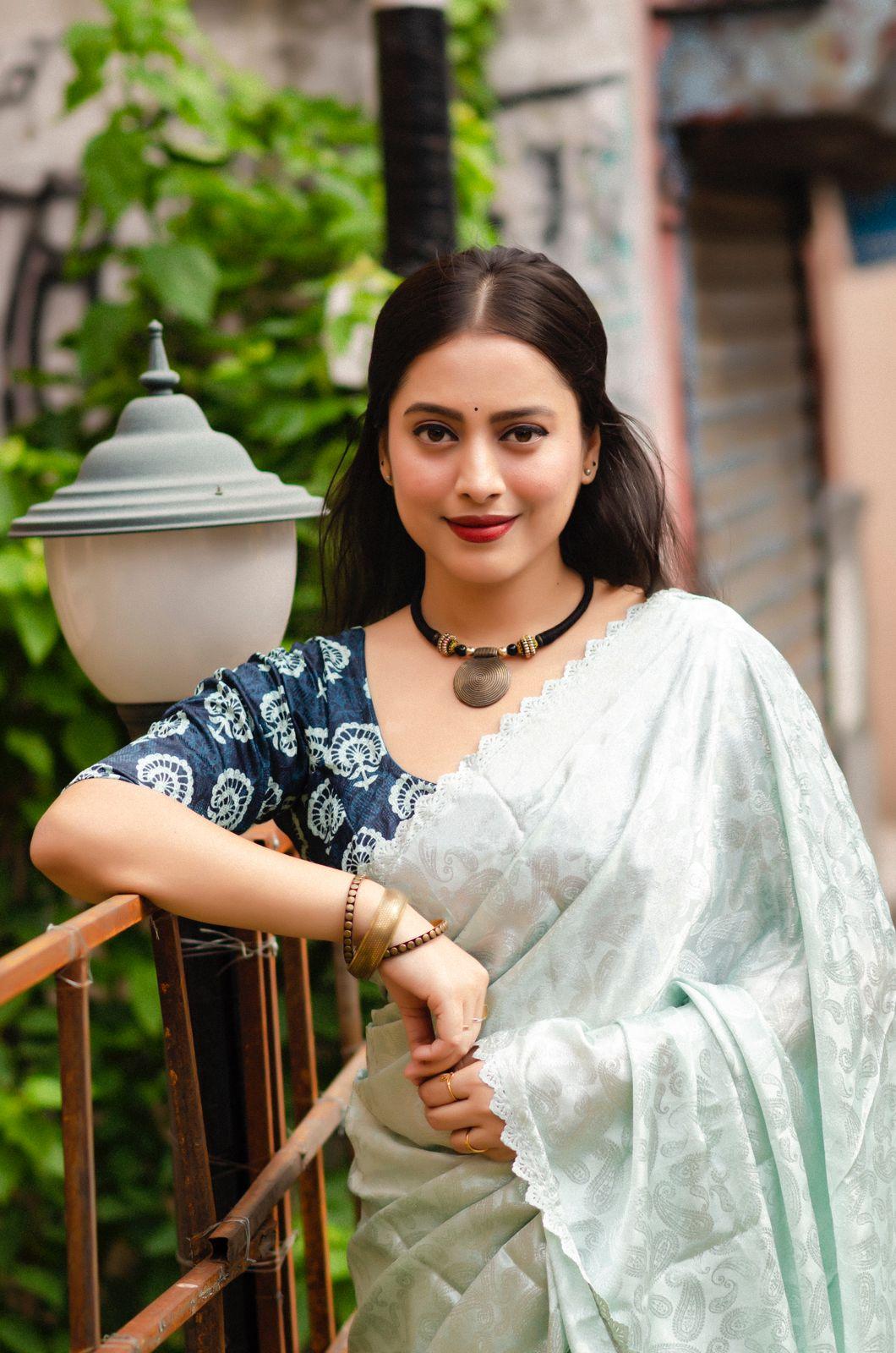 Blue Poly Silk Saree with Ethnic Motifs and Cutwork Border