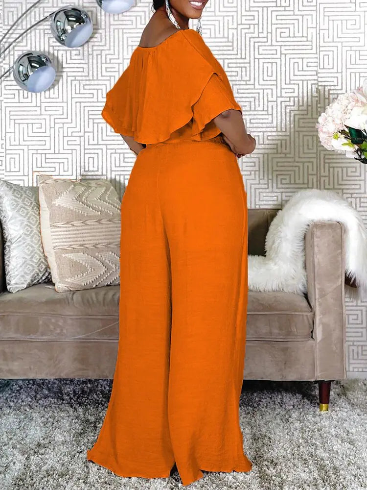 Plus Size 2 Piece Off Shoulder Crop Top & Wide Leg Pants