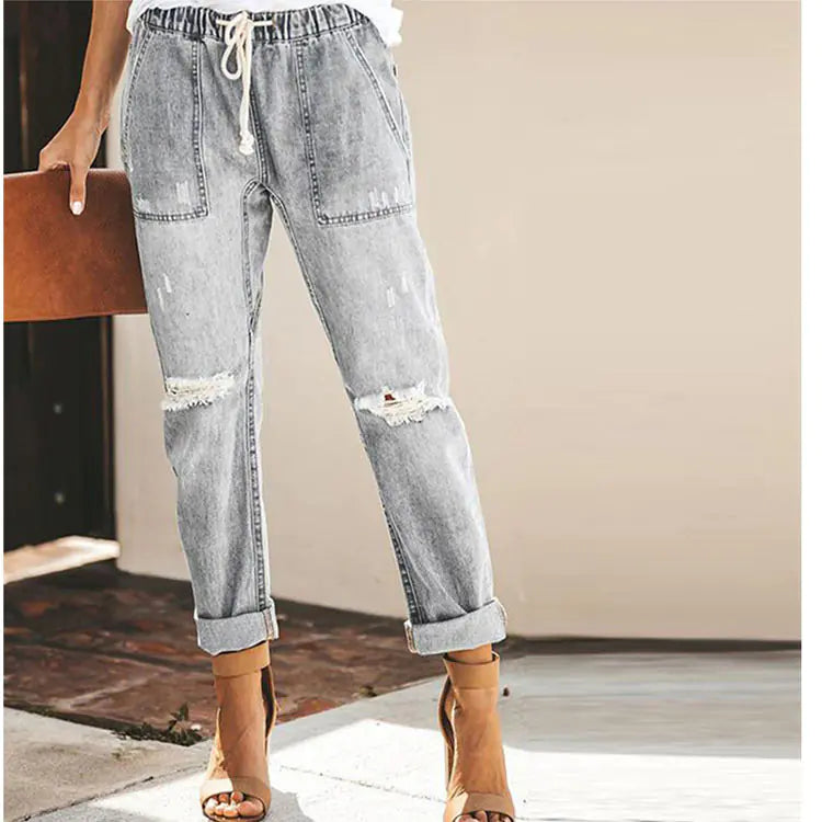 Women's Straight Leg Ripped Jeans with Drawstring Waist - Image 22