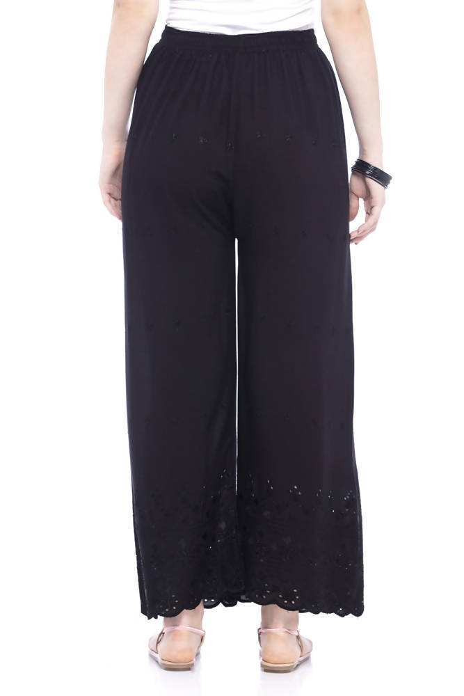 Black Rayon Cotton Chikan Embroidered Palazzo Pants