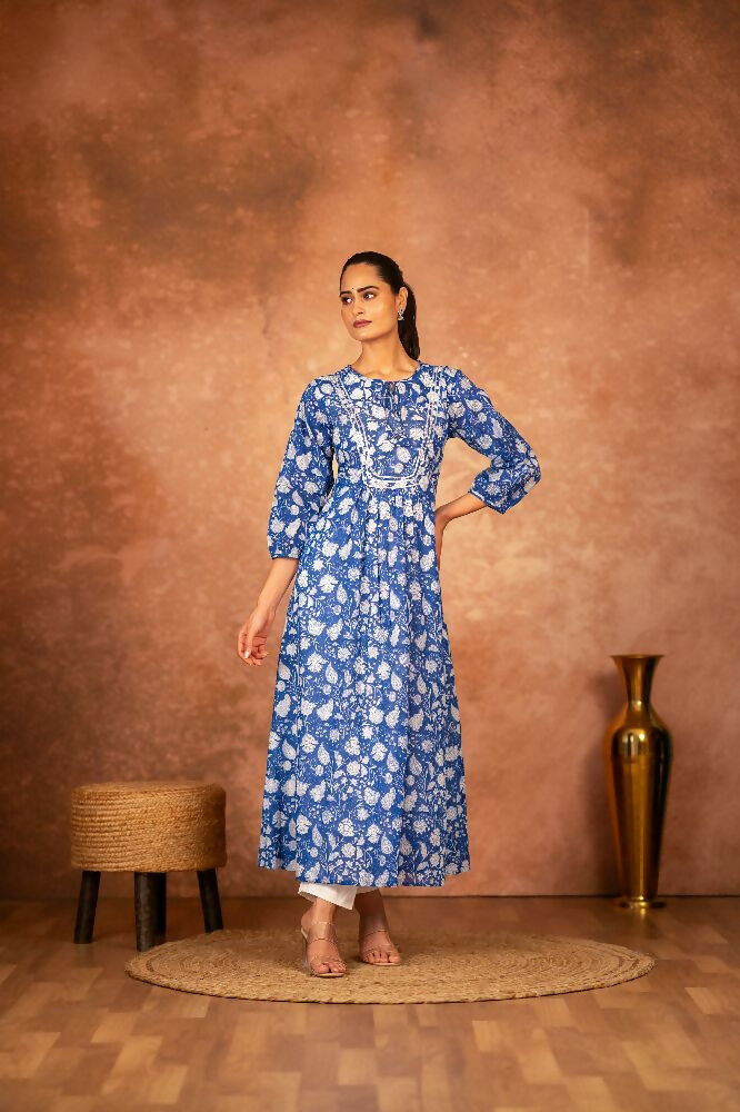 Blue Floral Hand Block Printed Cotton Kurta and Pant Set