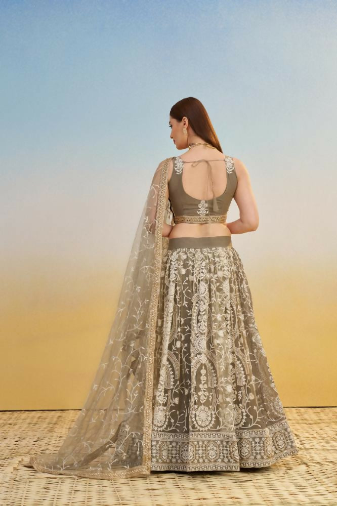 Ivory Butterfly Net Lehenga with Sequence and Thread Embroidery