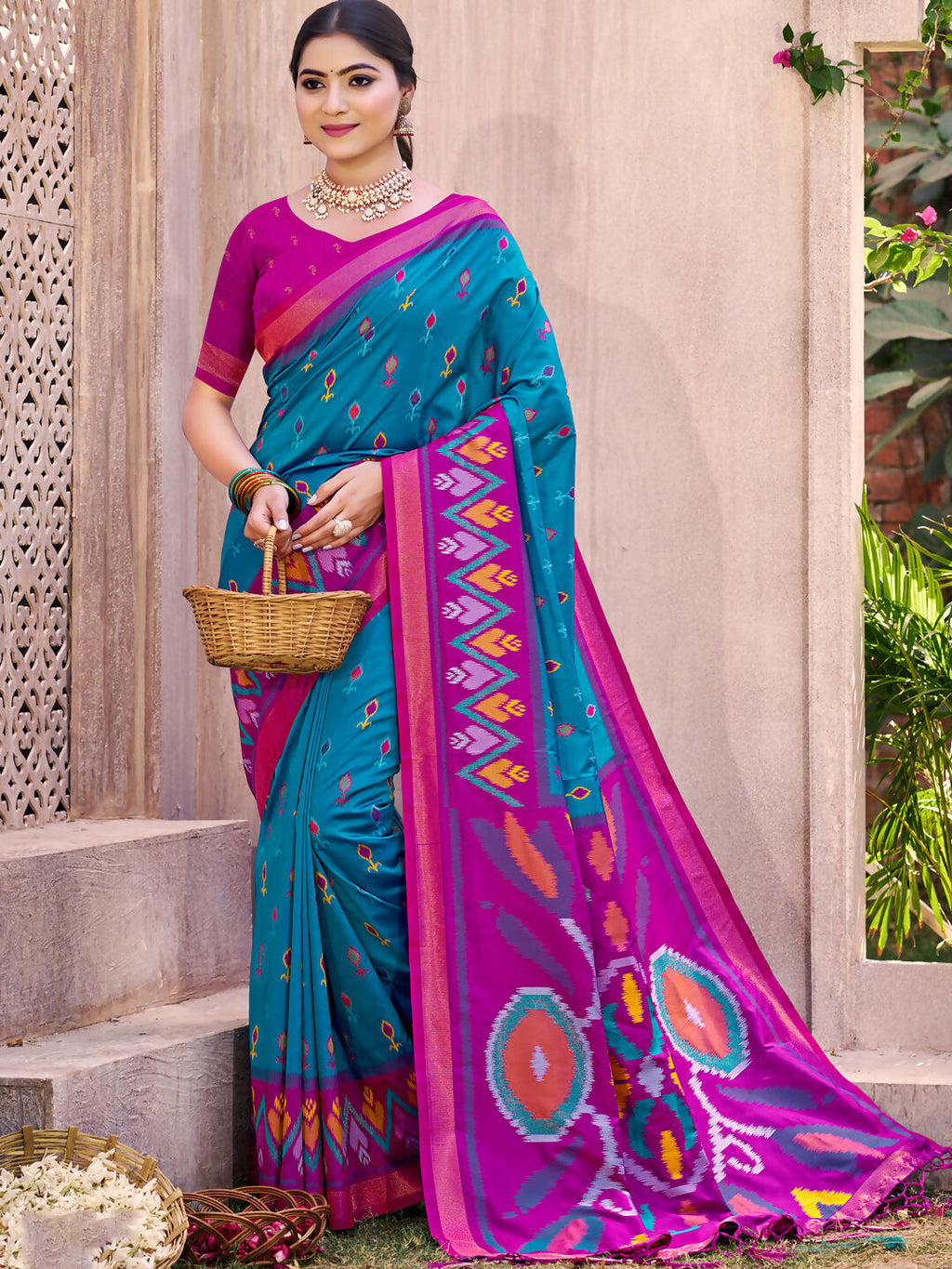 Sea Green Pochampally Silk Saree with matching blouse piece