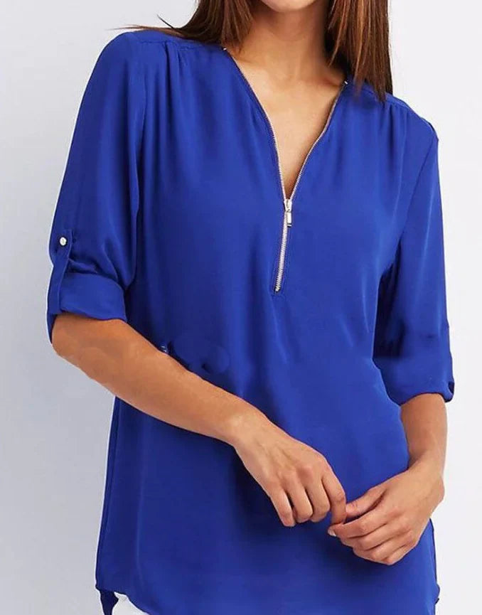 Women's Plus Size V-Neck Zip Chiffon Shirt
