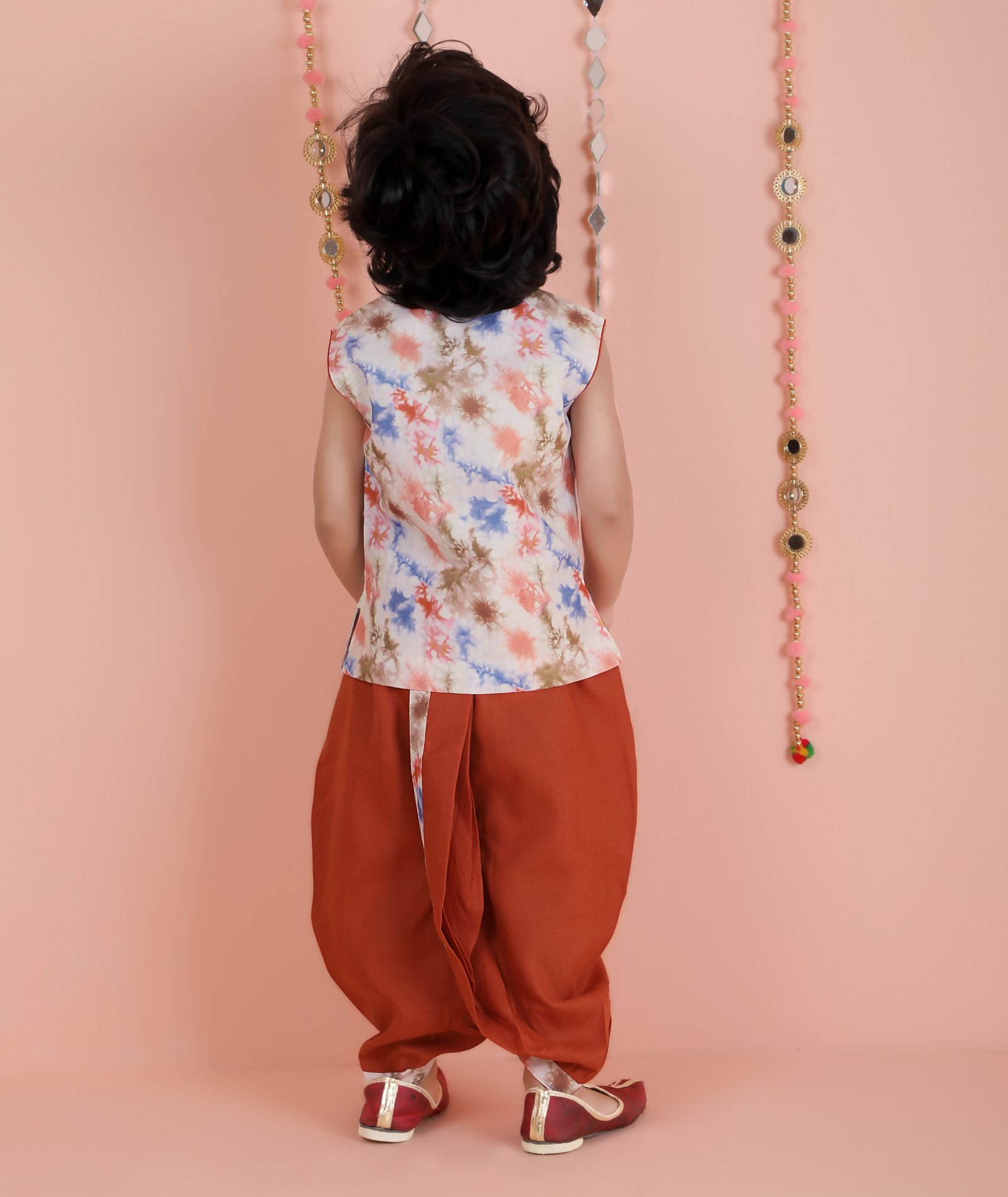 Joban Fashion Kids Island Cotton Sleeveless printed Kurta and Solid Dhoti - Rust