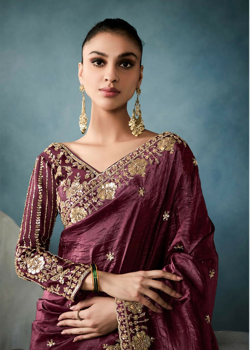 Wine Tissue Saree with Sequins and Zari Embroidery Work