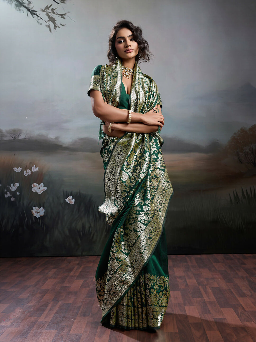 Dark Green Silk Blend Saree with Matching Blouse