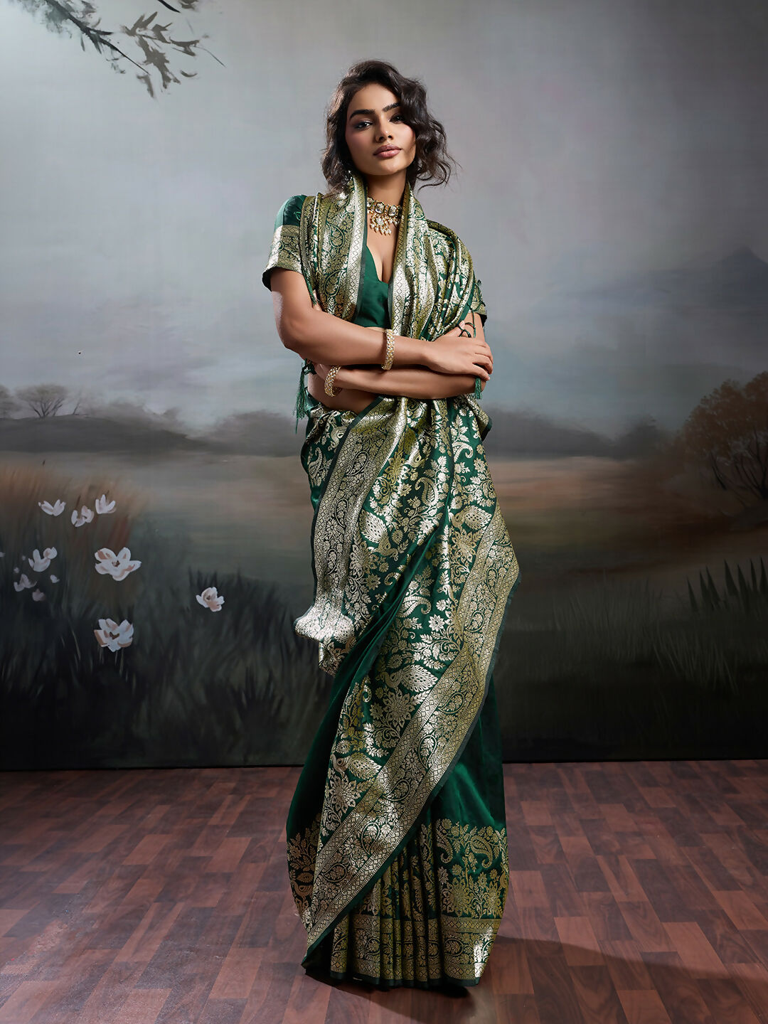 Dark Green Silk Blend Saree with Matching Blouse
