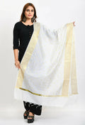 White Banarsi silk dupatta with gold geometric woven design for women