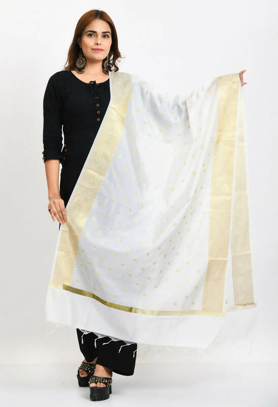White Banarsi silk dupatta with gold geometric woven design for women