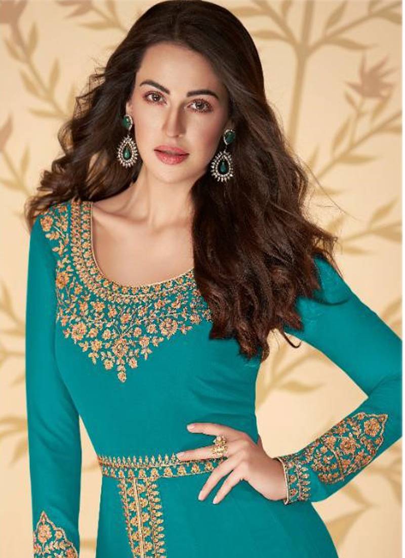 Sea Blue Georgette Embroidered Anarkali Suit Set