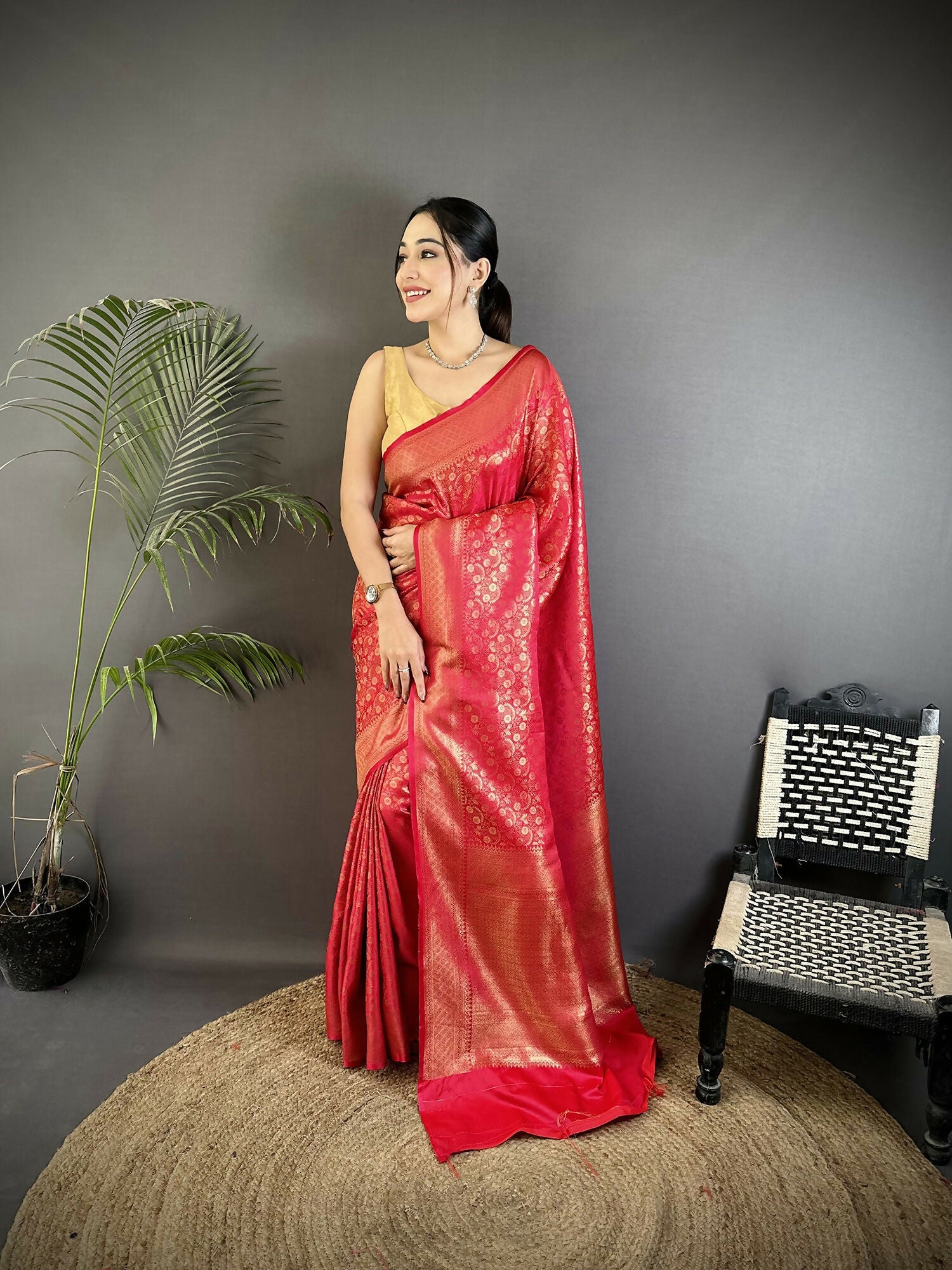 Red Soft Satin Silk Banarasi saree featuring intricate floral and paisley motifs