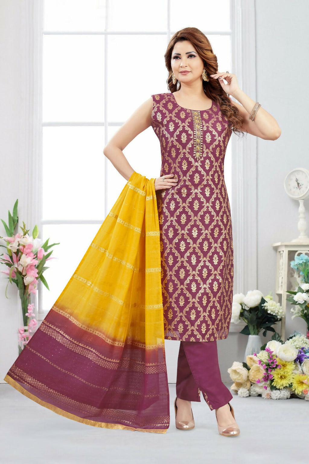 Wine Jacquard Kurta Set with Yellow Dupatta - 3 Piece Ethnic Suit