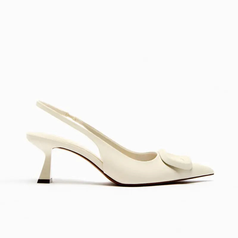 Women's Cream Pointed Toe Slingback Heels with Buckle Detail - Image 10