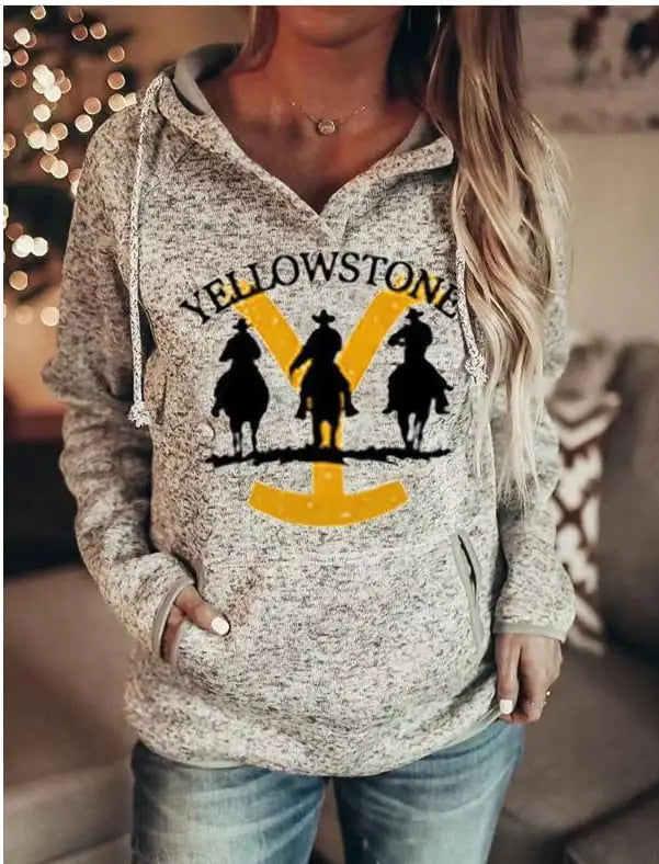 Women Grey Yellowstone Dutton Ranch Graphic Hooded Pullover Sweater - Image 4