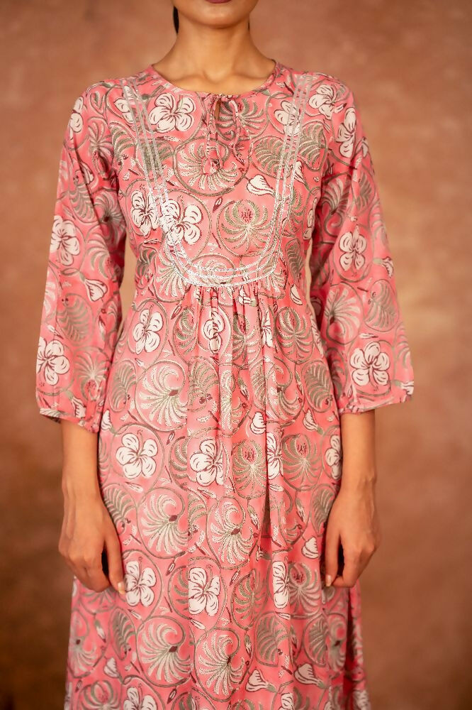 Pink Floral Hand Block Printed Cotton Kurta and Pant Set