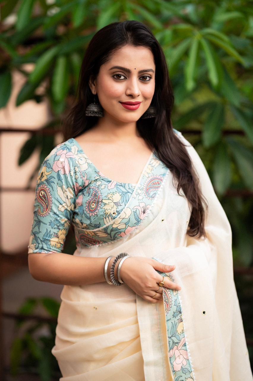 Blue Pure Linen Ethnic Motif Saree with Aari Mirror Work