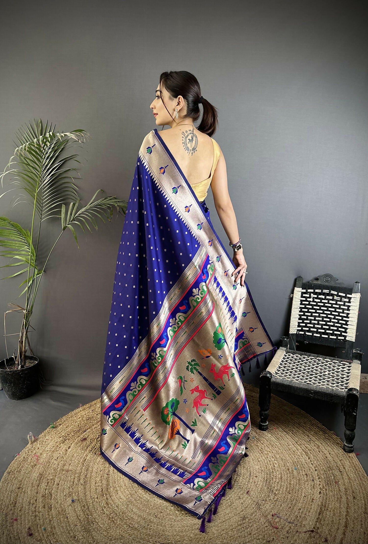 Royal Blue Soft Lichi Silk Kanchipuram Saree with Peacock Motifs