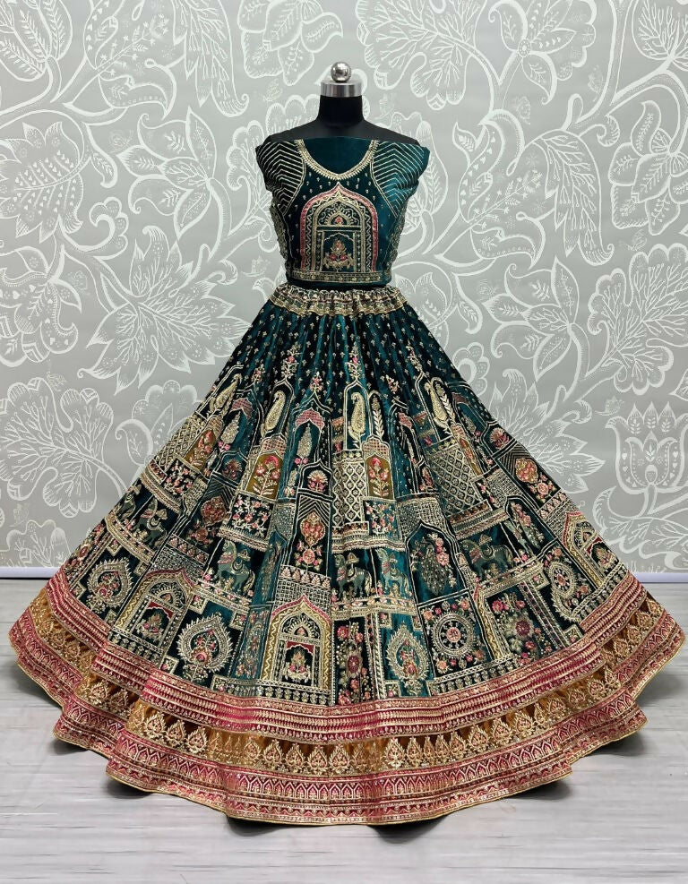 Teal Green Velvet Wedding Lehenga Choli with Dori and Sequins