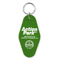 Vintage motel-style Action Park keychain in green and white with retro font.