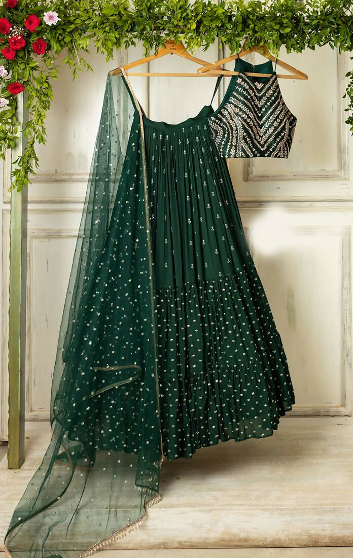 Bottle Green Georgette Lehenga Choli with 3MM Sequin Embroidery