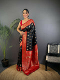 Black Banarasi soft silk saree featuring sophisticated woven butti
