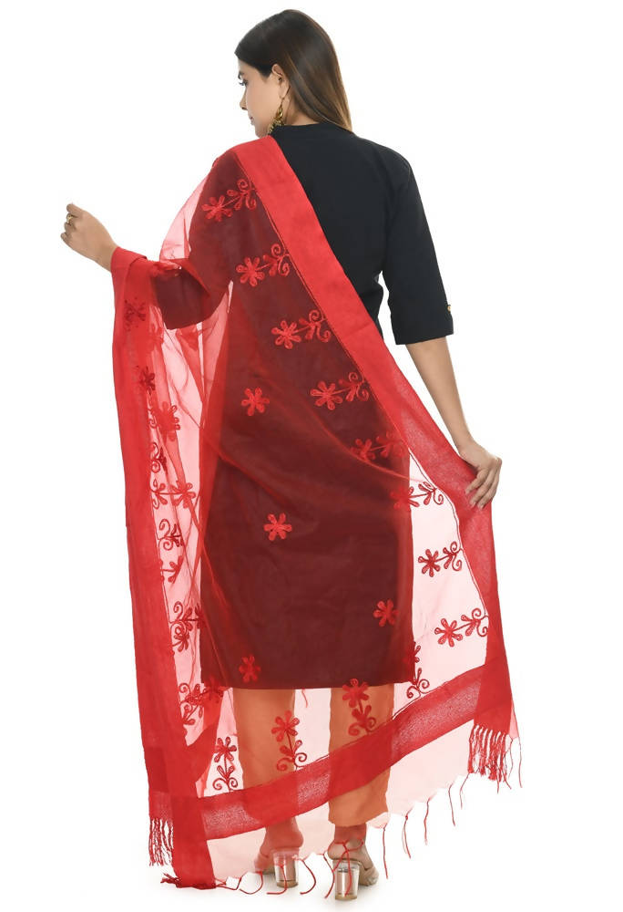 Red Orgenza Chikan Work Dupatta for Festive Occasions