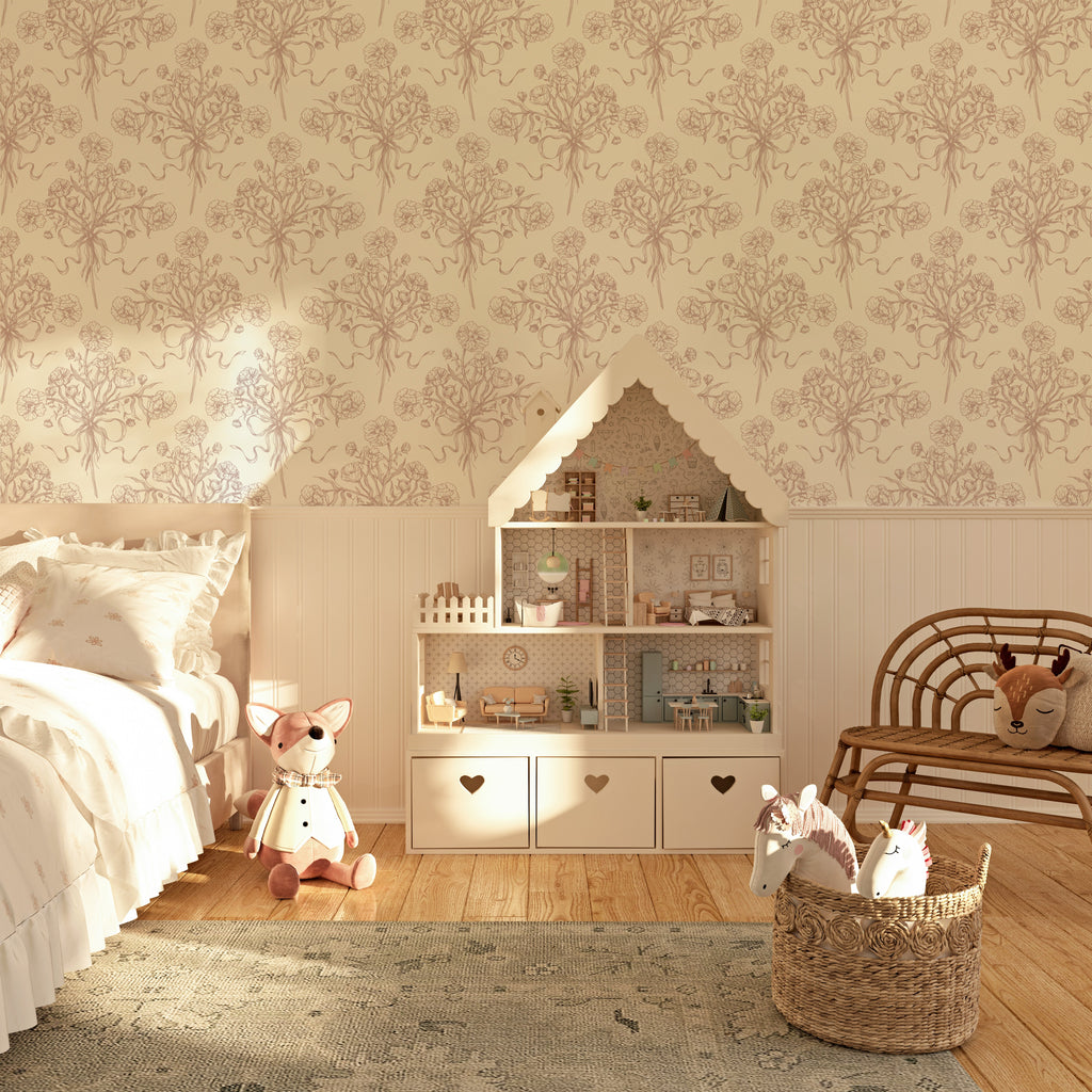 Adeline Floral Wallpaper - Dusty-Rose & Off-White Cottagecore