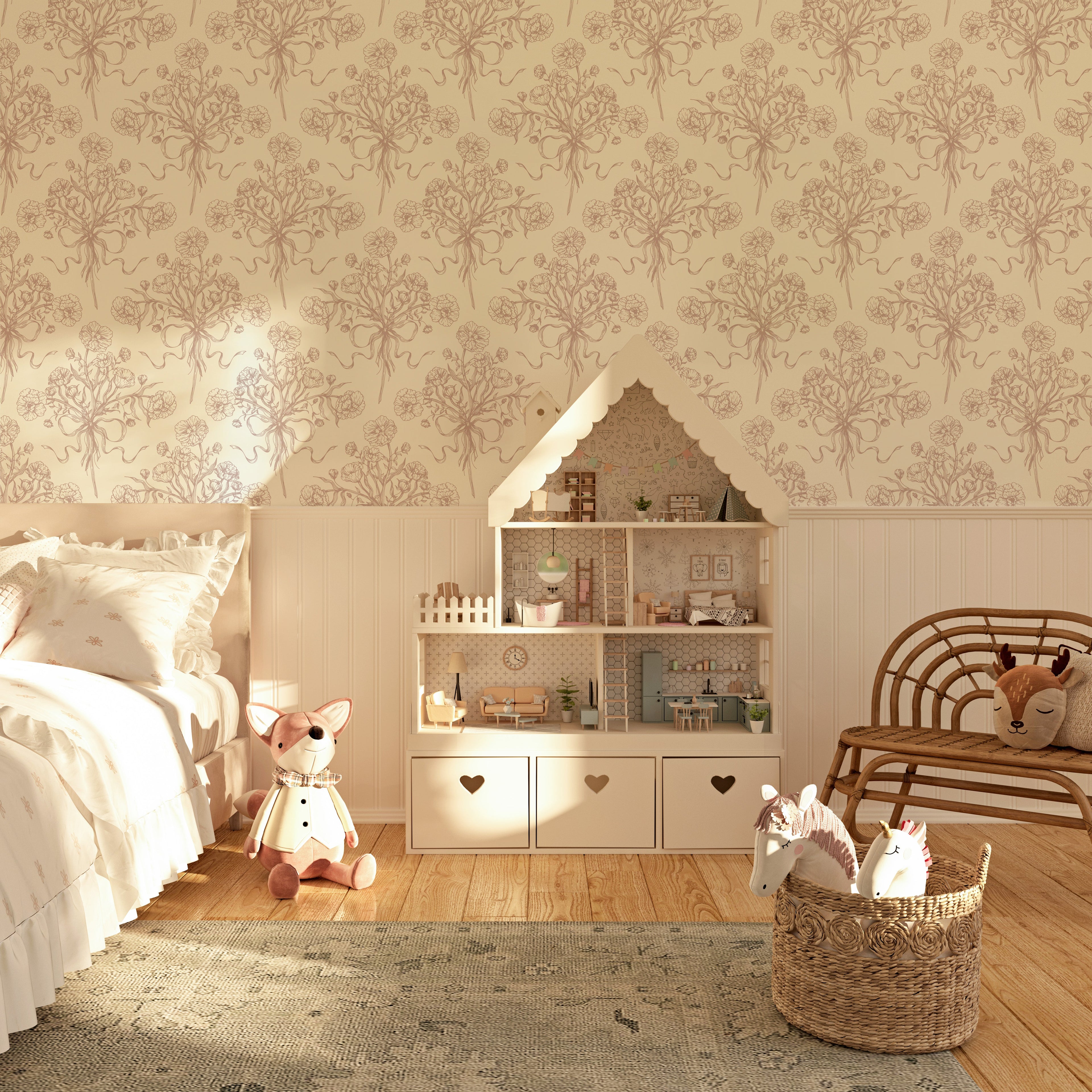 Adeline Floral Wallpaper - Dusty-Rose & Off-White Cottagecore
