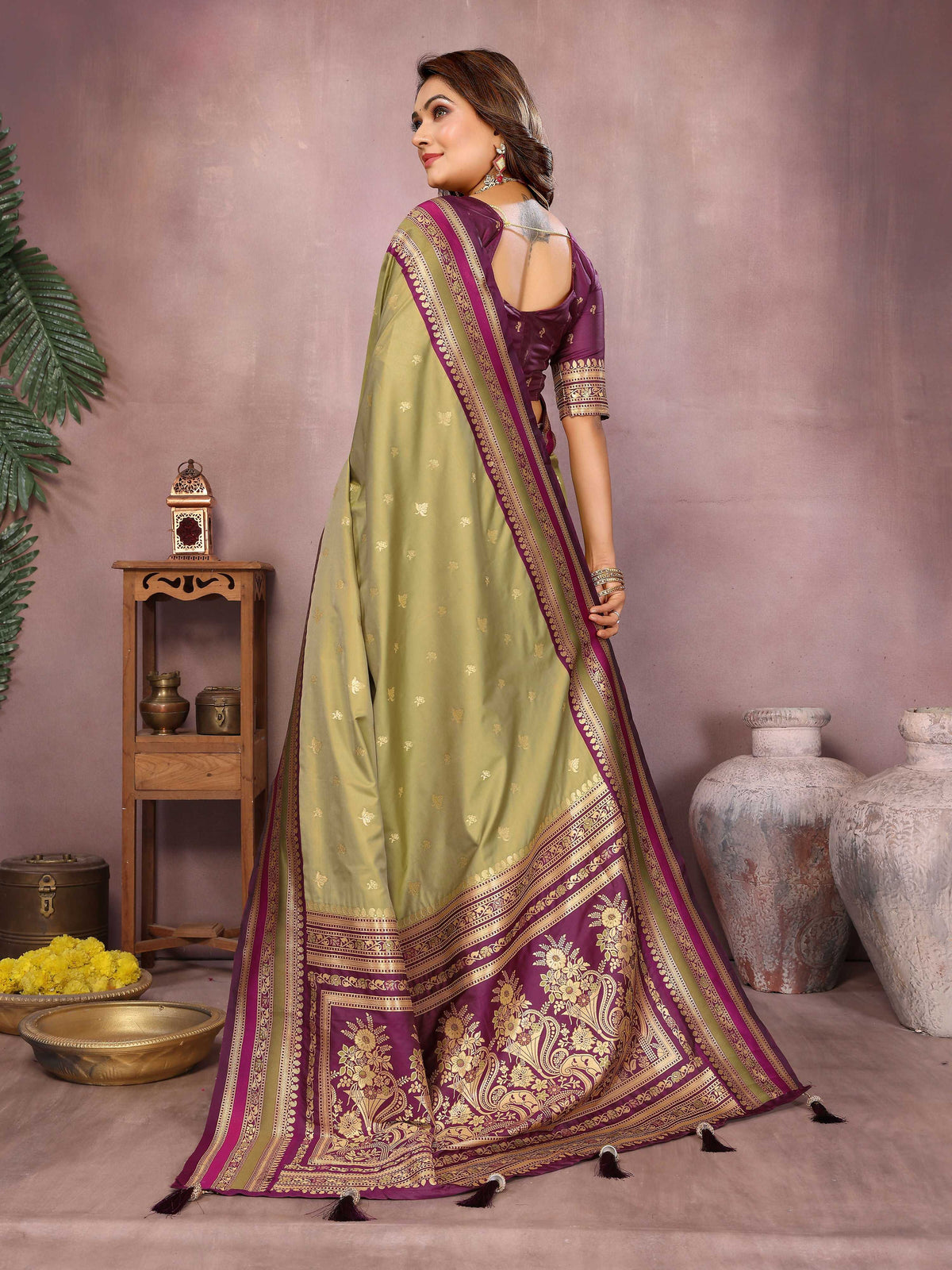 Mehndi Kalamkari Silk Saree with Intricate Weaving