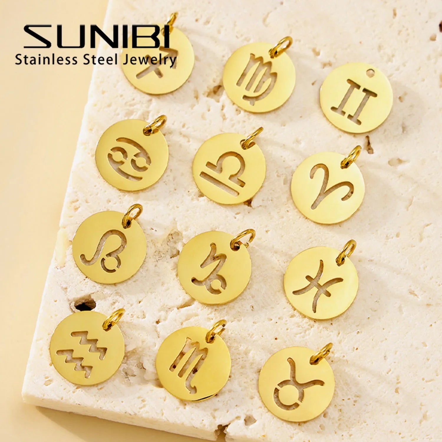 SUNIBI DIY Stainless Steel Disc Components 12 Zodiac Charms for Handmade Jewelry Making Designer Gold Plated Charms for Bracelet